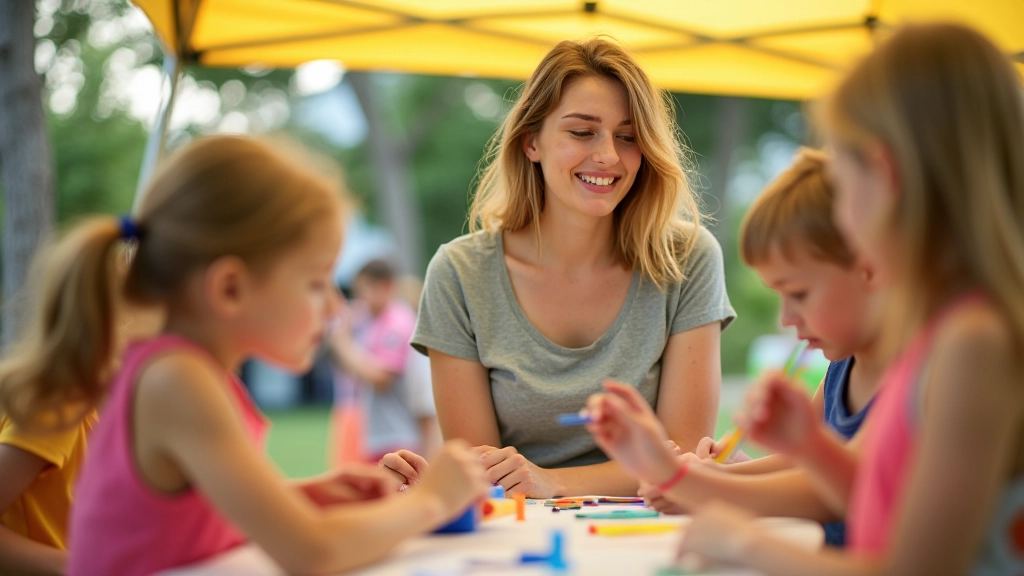 Summer camp counselor with group of children doing art project outdoors, creative activity in nature