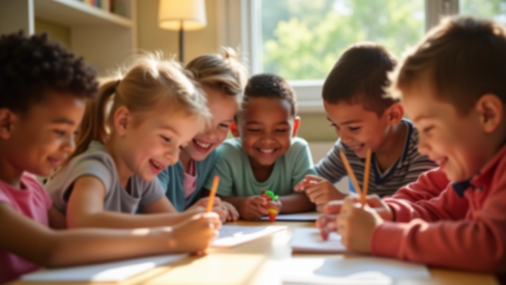 Happy children of diverse backgrounds participating in group activity, smiling and engaged, positive learning environment