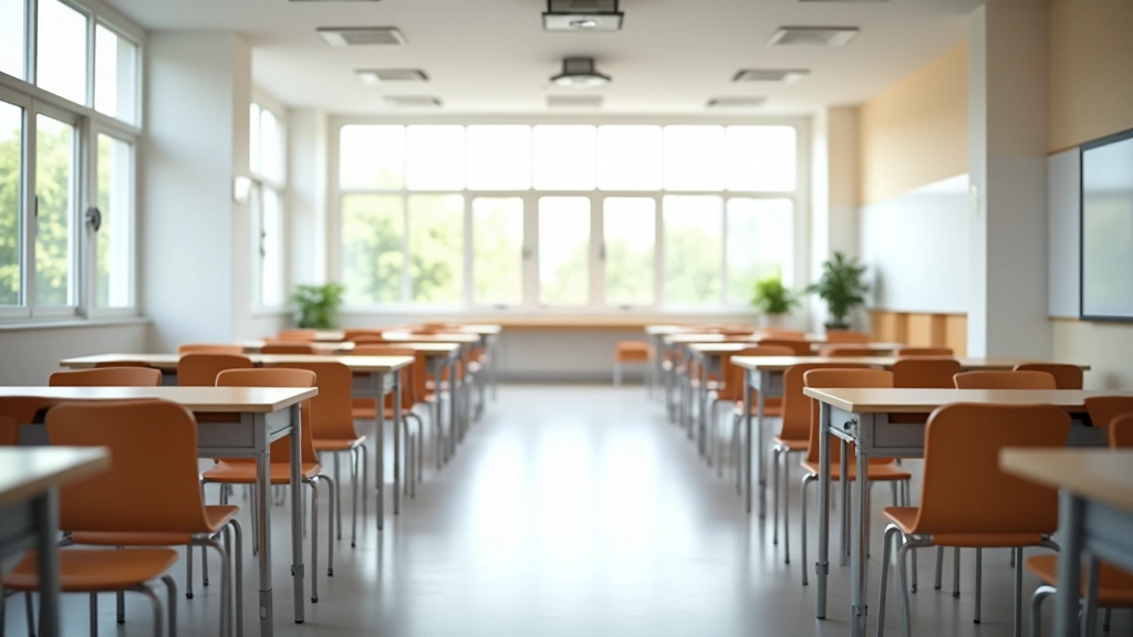 Modern education facility with bright classrooms, natural light, students engaged in learning activities, welcoming environment