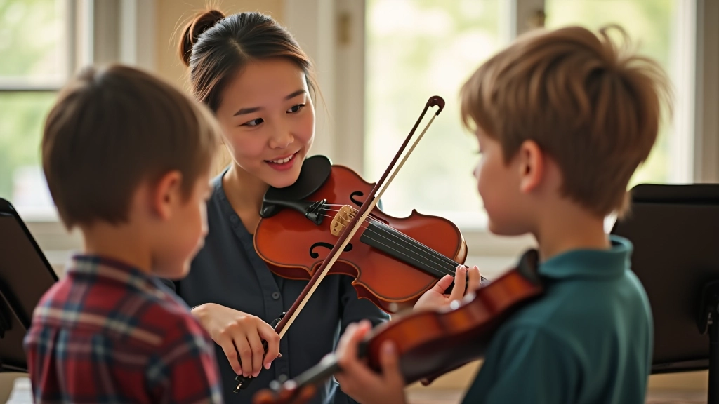 Music teacher instructing student on violin, bright studio with instruments visible in background