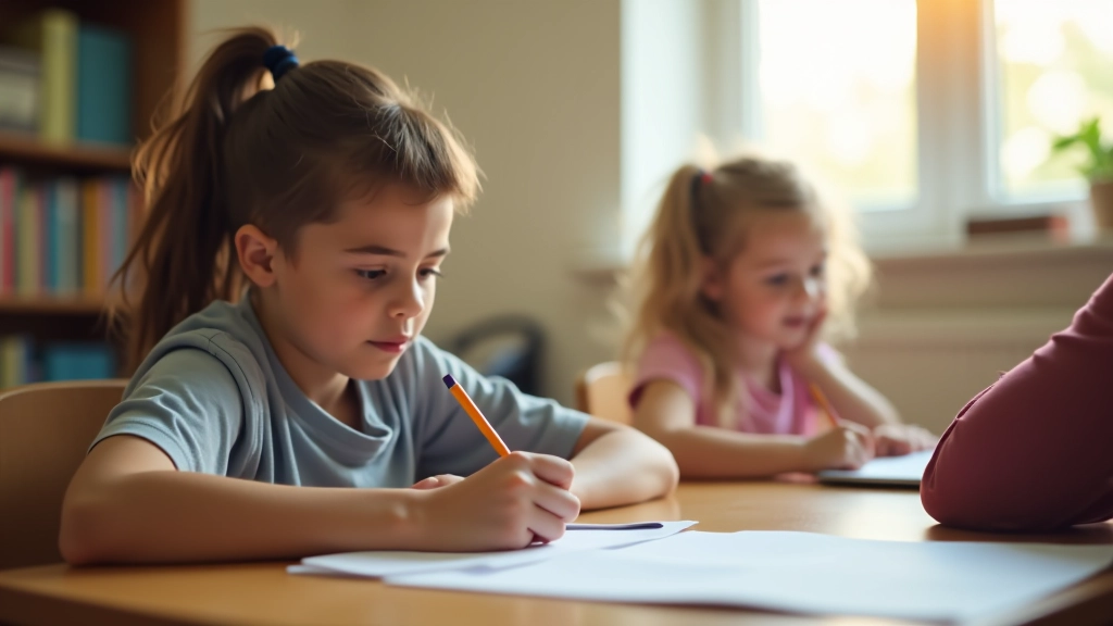 Young student working with tutor at wooden desk, notebook and pencils visible, focused study environment