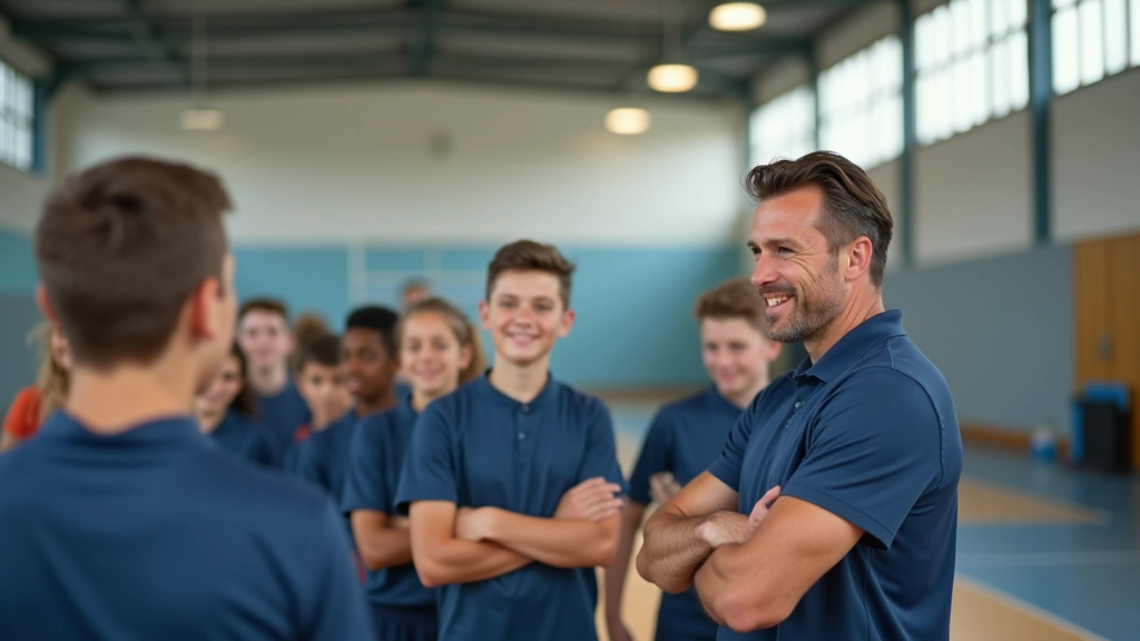 Young athletes in sports academy training with coach, basketball court visible, teamwork during practice